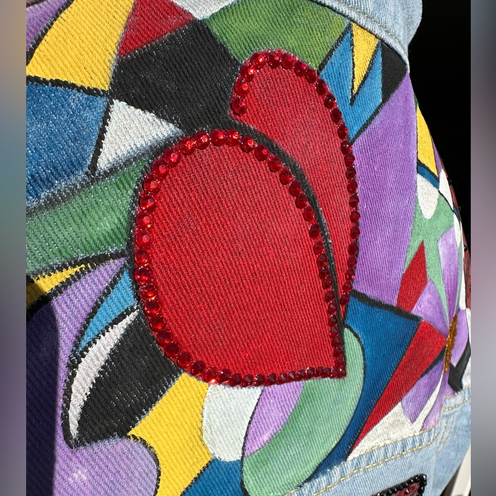 Handpainted modern art cubist style on denim jean jacket OOAK sz SM/MD - Picture 7 of 12